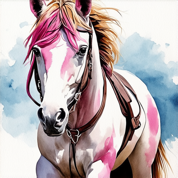Aquarelle dynamique et détaillée : Femme de profil, représentée en entier, avec des cheveux rose fuchsia ombrés en blond platine à la racine, tressés soigneusement. Elle monte un cheval au galop. La cavalière est vêtue d'un jean bien ajusté et affiche une posture élégante sur le cheval. L'arrière-plan est flou pour donner l'impression de mouvement rapide, mais la femme et le cheval sont peints avec précision et clarté.