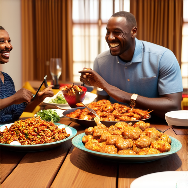 Repas de famille africaine chaleureux et convivial, avec un grand assortiment de plats traditionnels soul food sur une grande table en bois, entourée de membres de la famille riant et partageant des moments ensemble dans une salle à manger bien éclairée et décorée pour l'occasion
