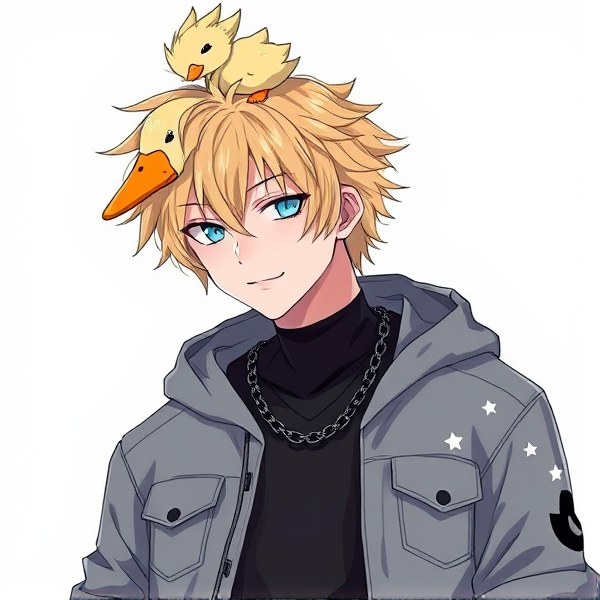 A duck on a guys head. The guy has messy light blonde hair that slightly goes over his eyes. His eyes are an icy blue. He has a Grey jack with white starts half open. A black undershirt. And ripped black jeans with a chain. And a smile