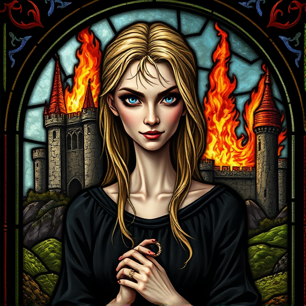 Medieval stained glass of a blonde haired skinny middle aged druidess dressed in black staring ahead with a malevolent smile as an Arthurian castle goes up in flames behind her