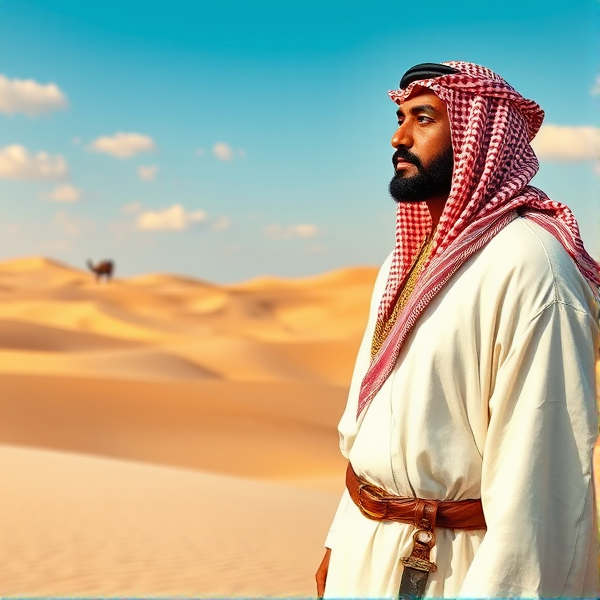 Une photo d'un homme saoudien du XIXe siècle, portant un keffieh traditionnel et une agal, vêtu d'une longue robe blanche (thobe), avec en arrière-plan un paysage désertique typique de l'Arabie, incluant des dunes de sable et peut-être un chameau au loin. Le ciel est clair avec quelques nuages éparses et le sujet regarde au loin, donnant une impression de contemplation et de majesté. Des détails comme des bijoux tribaux, un poignard (jambiya) accroché à la ceinture et des chaussures en cuir peuvent être ajoutés pour enrichir la scène historique