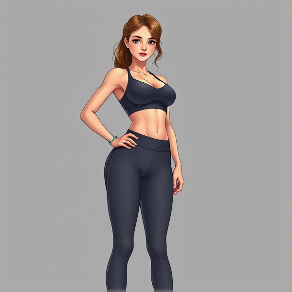 Aesthetic illustration of a teenage female with exaggerated hourglass figure, prominent chest and hips, slender midsection, adorned in form-fitting athletic leggings and a sports bra posed confidently