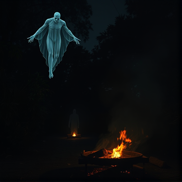 Scène nocturne au Mexique, atmosphère sombre et mystérieuse autour d'un meurtre irrésolu près d'un barbecue encore fumant. Spectre éthéré flottant au-dessus, dégageant une aura sinistre. En arrière-plan, des silhouettes inquiétantes se profilent, baignées par une lumière tamisée qui filtre à travers le feuillage dense. L'air est chargé de tension palpable, suggérant un danger imminent et une peur sourde.