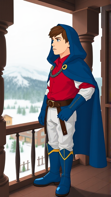 Clyde Donovan from South Park, light skin and brown hair, but as a 14-Year Old, dressed as a medieval prince with a red shirt with white sleeves, a black belt with a gold buckle, white pants, blue boots, blue long-cuffed gloves, and wreathed in a big, ankle-length blue hooded cape, now known as Prince Donovan. Despite still being a kid, he is the Youngest Ruler of South Park, Colorado, but now reborn as the real life Kingdom of Kupa Keep, Zaron, and Prince Donovan is its youngest and greatest hero. The young teenage prince of Kupa Keep is currently standing on his bedroom balcony in his new home of Kupa Keep Castle, looking at the amazing view of his newfound kingdom that was once the small mountain town he knew before.