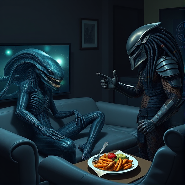A meticulously detailed depiction of a Xenomorph deeply engrossed in the immersive gameplay of 'Alien: Isolation' on a PlayStation 4, its attention riveted to the screen with an expression of intense concentration. The alien creature is seated on a sleek, futuristic couch tailored for its unique anatomy. Adjacent to this scene, a Predator stands with a posture exuding confidence, making strategic hand signals that suggest tactical advice and moral support to its extraterrestrial companion. The room's ambiance is set with subtle, dim lighting to complement the focused gaming environment, mirroring a high-tech gamer's den with intricate design elements that reflect both Xenomorph and Predator cultures. This includes themed furniture and decorations that create an authentic otherworldly atmosphere appropriate for these iconic species. Meanwhile, the meal being consumed during this intense gaming session adds an ordinary human touch to the extraordinary setting.
