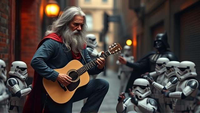 Create a highly detailed 3D rendering of an aged Chicago blues singer with long, unkempt gray hair and a thick beard, costumed as Superman. He's performing street music, equipped with a guitar and a stompbox. Around his feet, animate a group of twenty minuscule Stormtroopers, each the size of mice, depicted as if they are joyously dancing and drinking. The atmosphere suggests they are thoroughly enjoying the music. In the distant background, barely visible within a shadowy alleyway, illustrate Batman and Darth Vader engaged in a friendly handshake, both holding cigarettes.