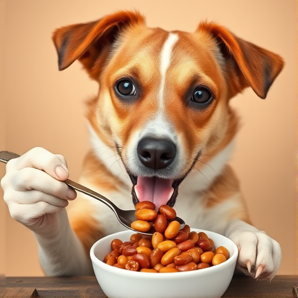 A dog holding a spoon and eating beans