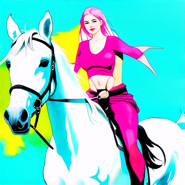 Aquarelle dynamique et détaillée : Femme avec des cheveux rose fuchsia au galop sur un cheval blanc. Decor baie de citron à nouméa nouvelle calédonie mer turquoise sable jaune