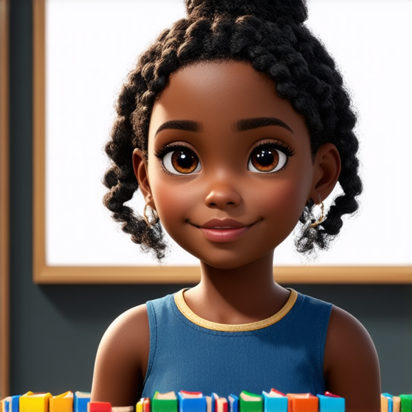 petite fille noire de 10 ans avec des tresses africaines  dans une salle de classe avec des cahiers en main devant un tableau noir