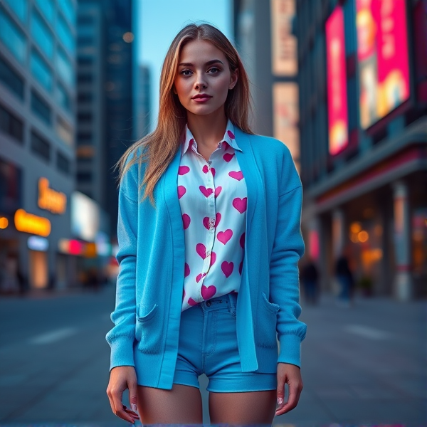 A sky blue cardigan over a white blouse sprinkled with pink hearts. Her lavender sneakers twinkle with LED lights like small stars.