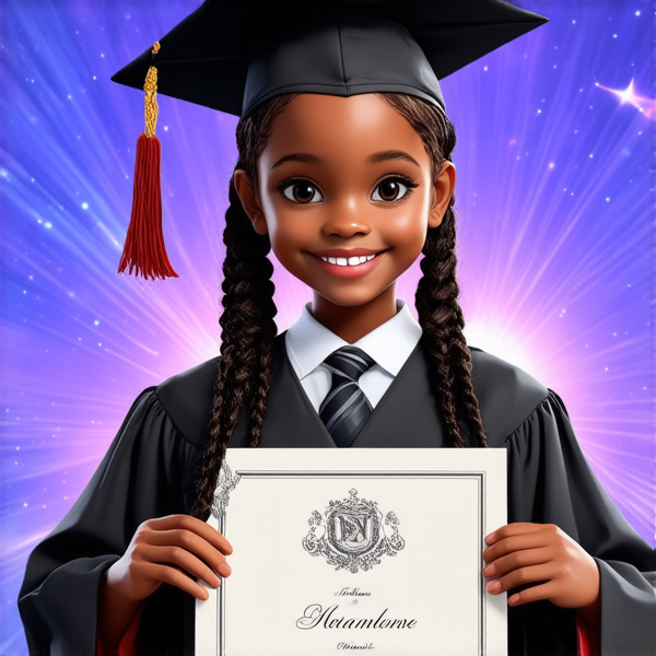 jeune fille noire de huit ans avec des tresses africaines traditionnelles, habillée élégamment pour une cérémonie de remise de diplôme, tenant son certificat, souriante et fière