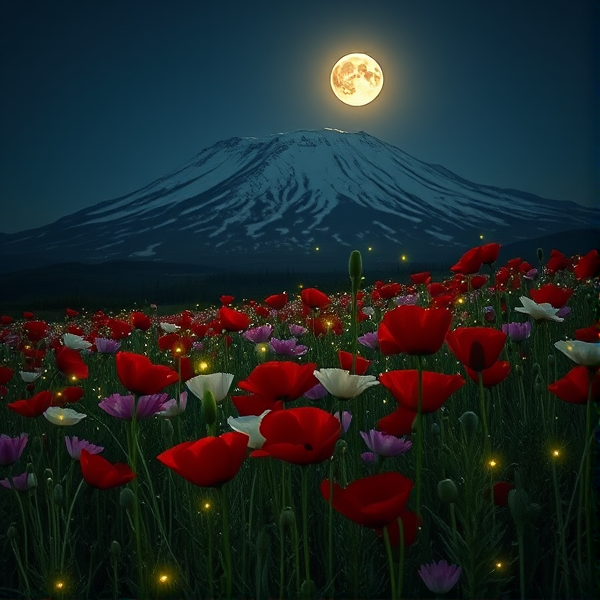 Prairie de coquelicots, et pavots rouges, blancs et roses illuminés par des milliers de lucioles lors d'un soir de pleine lune, En fond la montagne enneigée avec des reflets intense sur la neigne. photographie façon Pierre Courtine