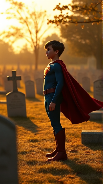 1990's Movie Scene: Jon Kent, AKA Superboy, the young little 12-year old super son of Superman, and the first kid to be born as the world's first Half-Kryptonian child, with an extremely muscular body, the iconic costume, the singular curled bang sticking out at the front of his flat and smooth hair, and a long cape, standing in a graveyard, visiting the grave of his legendary, deceased father, and promises to take his place in the world and carry on his legacy through himself.