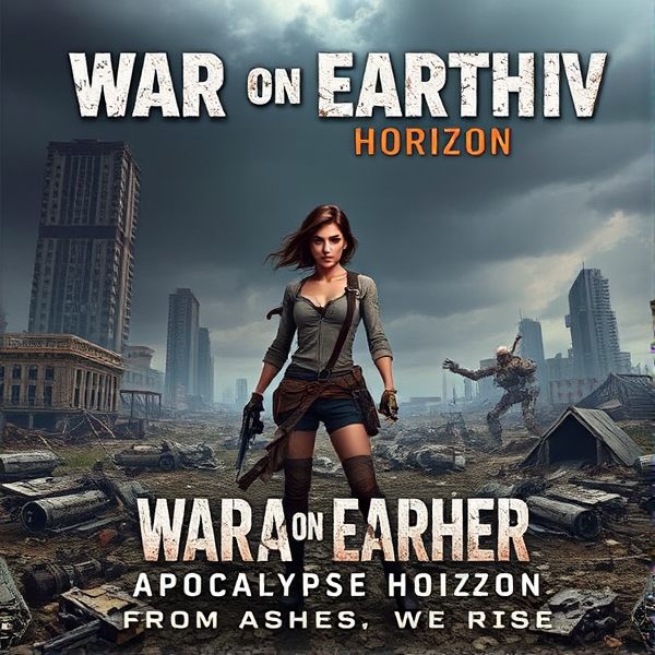A desolate, post-apocalyptic landscape is depicted, with ruined skyscrapers and a dark, stormy sky overhead. The central figure, Raya Asher, stands amidst the rubble, her tattered clothing blowing in the wind, holding a piece of advanced tech in one hand. Her expression is determined yet weary, hinting at the game's themes of survival and resilience. Scattered around her are relics of past wars: broken robots, discarded weapons, and makeshift shelters. The title "War on Earth IV: Apocalypse Horizon" appears in rugged, distressed lettering, with the tagline "From Ashes, We Rise."