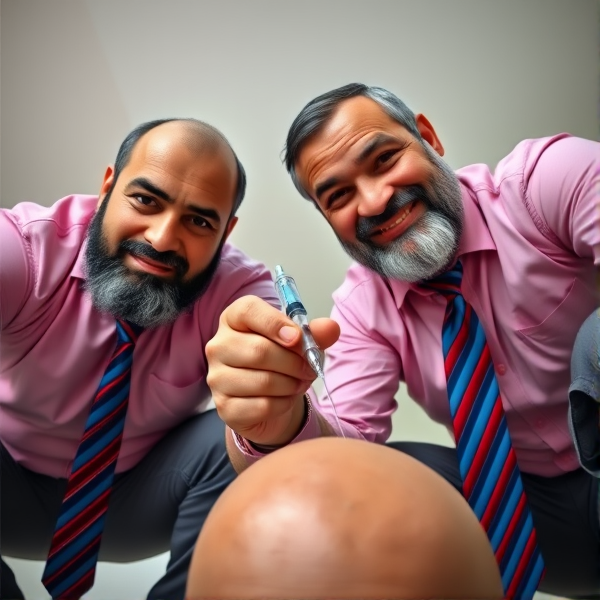 Deux hommes d'affaires seniors marocains barbus accroupis, portant des cravates longues à rayures bleutées et rouges, fixent l'objectif avec assurance tout en tenant une seringue pointée vers une tête hors du champ de vision. La scène est capturée en contre-plongée pour accentuer leur domination. Ils portent des chemises roses et arborent un sourire léger.