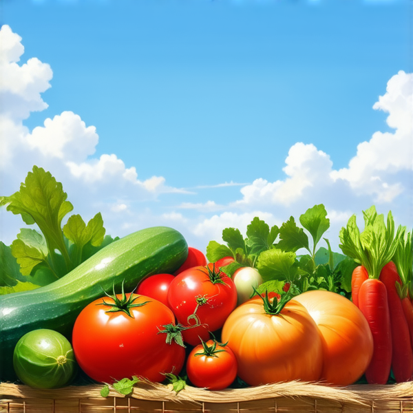 un jardin potager luxuriant et détaillé, avec une variété de légumes colorés tels que des tomates rouges, des courgettes vertes et des carottes orange, sous un ciel bleu clair avec une lumière naturelle éclatante