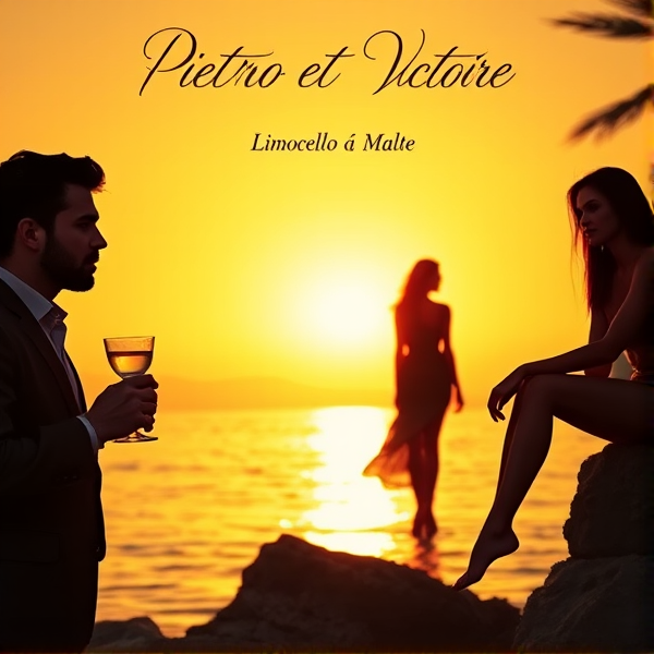 Pour la cover de ta chanson, voici une idée de visuel qui pourrait bien capturer l'essence de l'histoire :

**Description de la cover :**
- **Scène principale** : Un coucher de soleil sur une plage maltaise. À gauche, on voit Pietro, un homme italien élégant, tenant un verre de limoncello, regardant au loin avec une expression à la fois pensive et amoureuse.
- **À droite** : Victoire, une femme au style chic, assise sur un rocher, l'air préoccupé. Entre eux, en arrière-plan, une silhouette féminine mystérieuse (Teresa) se tient dans l’ombre des palmiers, symbolisant la trahison.
- **Couleurs dominantes** : Tons chauds de coucher de soleil – oranges, rouges, avec des reflets dorés sur l’eau. Les silhouettes sont en contraste sombre, presque en contre-jour.
- **Titre de la chanson** : Écrit en haut, en lettres cursives élégantes, "Pietro et Victoire - Limoncello à Malte", avec en dessous une mention subtile de la trahison par Teresa.

Ce visuel, avec son ambiance méditerranéenne et son côté mystérieux, illustrerait parfaitement l'histoire romantique et dramatique de la chanson. Si tu veux que je génère cette image, fais-le moi savoir. Style cocher de musique