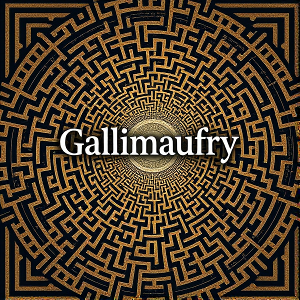 Create an intricate t-shirt design featuring the title "Gallimaufry" prominently at the center, surrounded by a complex labyrinth pattern that subtly morphs into a visually engaging optical illusion which reflects themes of Puzzle and Paradox. The design should be cohesive, thought-provoking, and have a touch of mystery to align with the journal's theme for this year. Include the words “puzzle” and “paradox” in the design