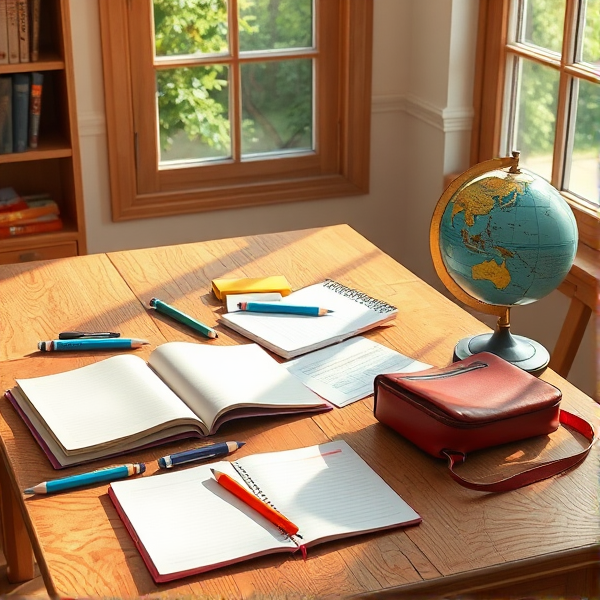 table en bois éclairée par la lumière naturelle de la fenêtre, couverte de fournitures scolaires comme des cahiers ouverts, des stylos, des crayons, une trousse et un globe terrestre  .