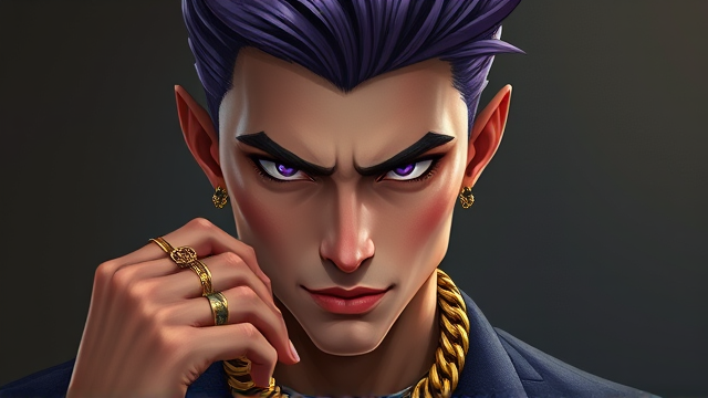 A young man personifying the sin of greed, with sharp, styled purple hair and deep lavender eyes that have a glint of mischief. He sports opulent designer attire that screams wealth, embellished with multiple gold rings on his fingers and a heavy gold chain draped around his neck. His expression is one of cunning and slyness, as if he's plotting his next acquisition.