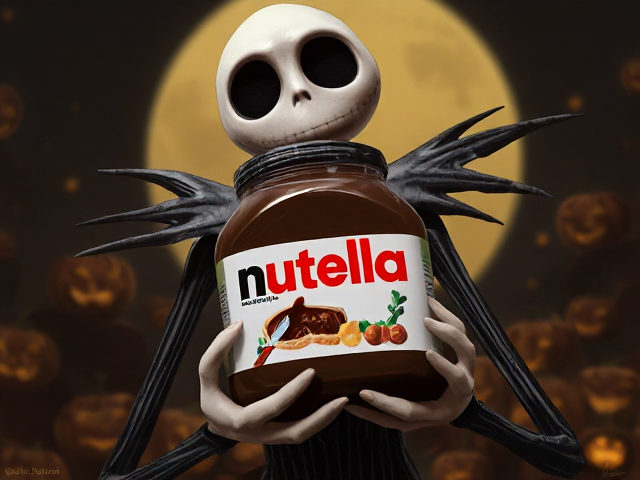 Jack Skellington tiens entre ses mains un gros pot de Nutella arrière-plan halloween