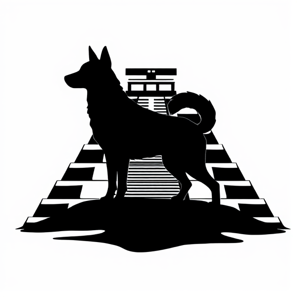 crée moi un logo avec une silhouette de chien du perou noire, devant une pyramide inca stylisée