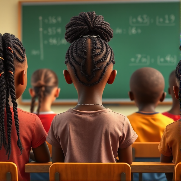 des filles noires de huit ans avec des tresses africaine et des garçons assis dans une classe face au tableau vert sur lequel il y a des calculs mathématiques