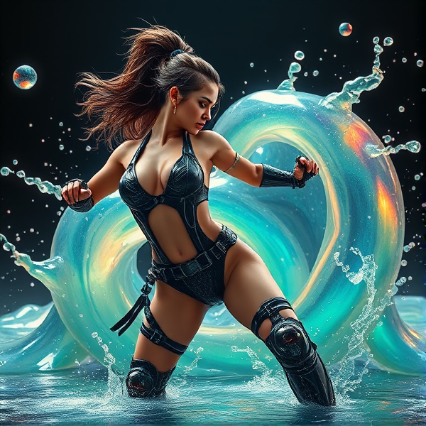 Prompt: Une femme séduisante et stylée en tenue de combat futuriste, luttant héroïquement contre un slime géant aux teintes irisées et translucides qui tente de l'engloutir. La scène est dynamique et intense, avec des éclaboussures du slime qui reflètent la lumière environnante.