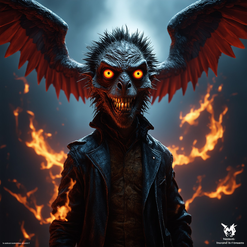 un démon effrayant et détaillé aux ailes sombres et imposantes, tenant fermement un écriteau sur lequel est inscrit "Je viendrai te chercher", avec une expression menaçante et des yeux luisants, le tout dans un décor lugubre qui évoque les enfers