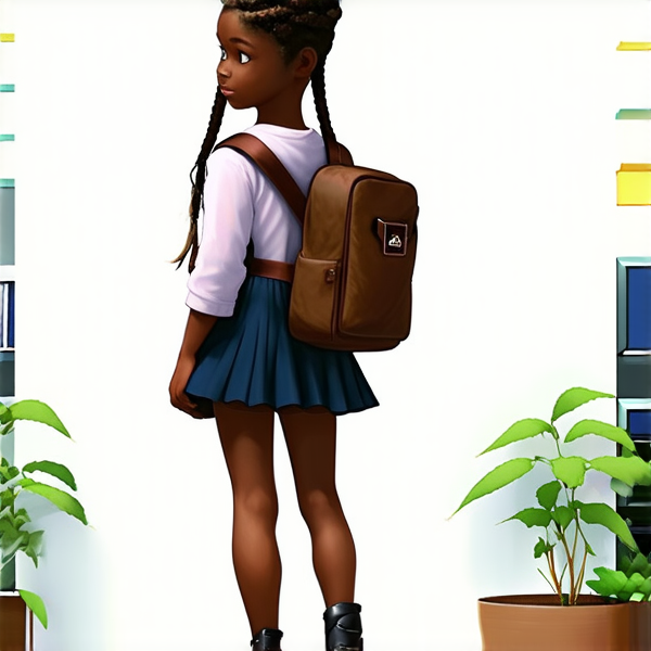 jolie petite fille noire de 8ans en robe avec des tresses africaines avec un sac à dos devant l'école