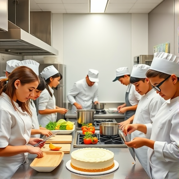 A small kitchen filled with diverse students with special needs, dressed in chef whites, engaged in various cooking activities. The modern kitchen is bathed in bright light, showcasing shiny stainless steel equipment and vibrant, fresh ingredients on the counters. Each student is intently focused: some finely chop colorful vegetables, others carefully stir steaming pots on stovetops, while one student meticulously pipes elaborate icing patterns onto a cake.