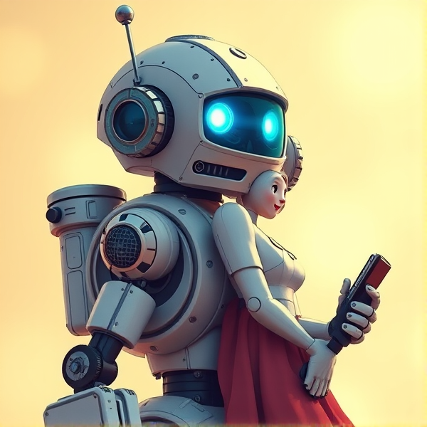 Blue eyed retro robot carrying a cute tomboy gf