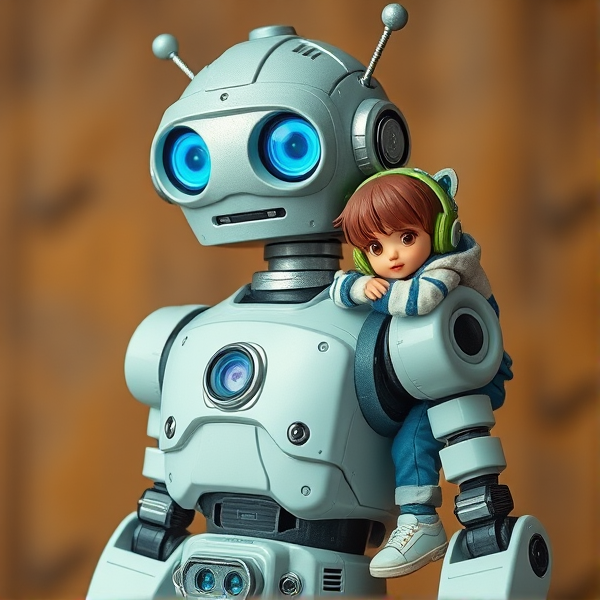 Blue eyed retro robot carrying a cute tomboy