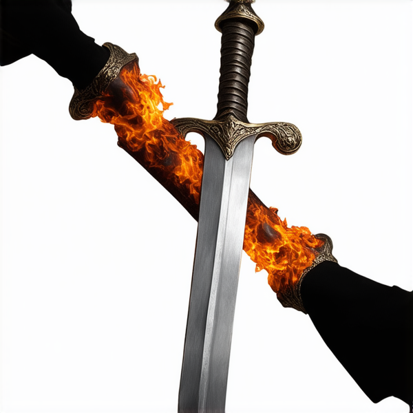 Trois épées croisées en leur centre. L'épée du milieu représentant l'élément du feu est placée verticalement. L'épée représentant l'element de la terre de manière féminine, elle est placée avec un angle 315 degrés par rapport à l'épée verticale représentant le feu. L'épée représentant l'élément du vent est placée 45 degrés par rapport à l'épée verticale représentant l'element du feu. Les épées sont de style médiéval européen et ont leur pommeau vers le haut. L'image doit être réaliste.