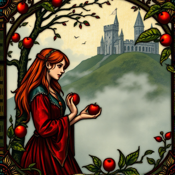 Red haired young Arthurian teenage princess picking apples on a foggy island near an ancient abbey hidden in a hill  in the style of medieval stained glass