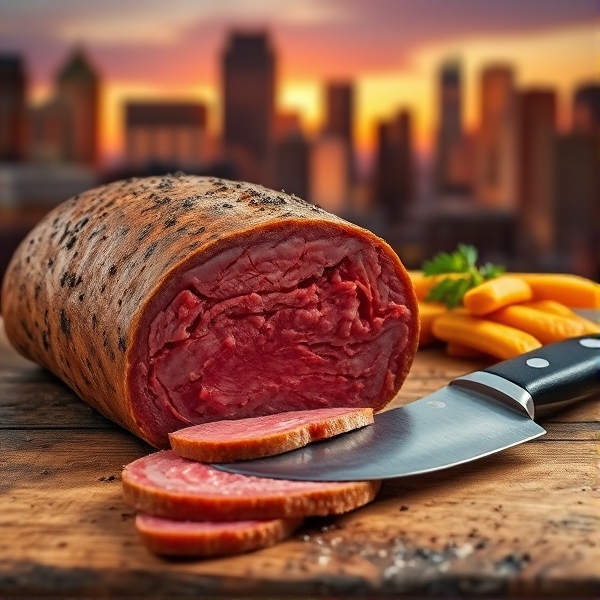 Bologna thick  cut with machete with Baltimore in background