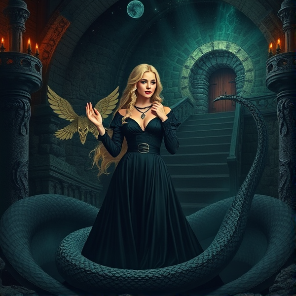 blonde haired druidess woman wearing a black dress, summons a shadow snake in her castle dungeon filled with astronomy