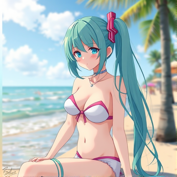 Hatsune miku at the beach, less revealing and less sexy