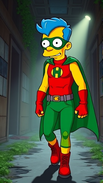 Milhouse Van Houten from The Simpsons, with his yellow skin, really big round nose, and blue hair that's slicked back and curled up at the top, but as an 18-year old teenager, dressed as a parody of Robin, The Boy Wonder, with an extremely muscular torso and arms, a green bodysuit with a red torso adorned with a green H symbol on his chest, a grey utility belt, red boots, red long-cuffed gloves, a big green cape, and a green eye mask with optical lenses in it, now known as Houseboy, The Nerd Wonder, the other half of Springfield's Dynamic Duo, and one of the greatest vigilante superheroes ever known in Springfield. He is currently walking through an abandoned house at night, looking for clues to the mystery he is trying to solve. (EXACTLY AS I DESCRIBED.)