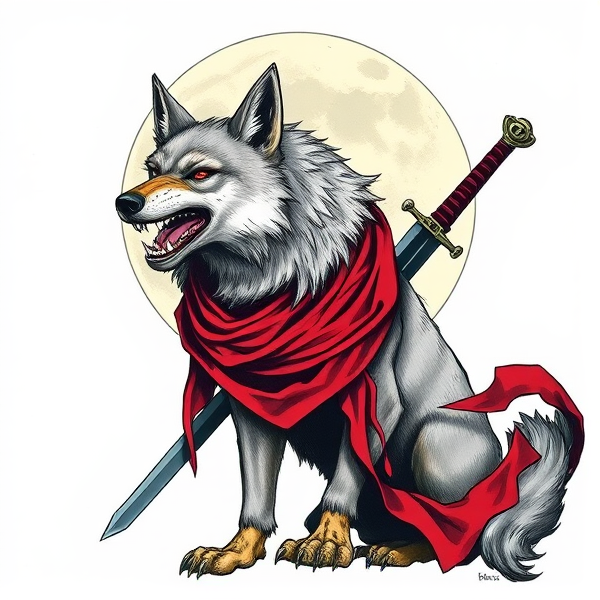 Loup roublard avec un foulard rouge autours du cou et avec deux épées dans le dos avec la lune en fond