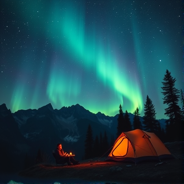 A man camping in aurora with mountains and trees