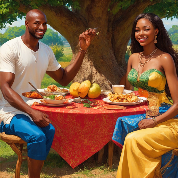 prompt: Un grand repas de famille traditionnel en plein air sous un baobab en Afrique, avec des plats locaux colorés et variés, des fruits exotiques, une grande nappe colorée, des hommes et femmes africains vêtus de tenues traditionnelles multicolores souriants et partageant un moment convivial