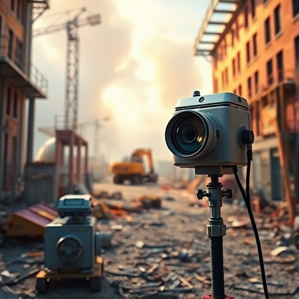 Setting up as airborne asbestos fibre monitoring pumps on asbestos removal job site. The work being at Taken is a viable enclosure being constructed around a demolition site in the photo is temporary fencing trucks excavators, and Asbestos assessor overseeing the site.