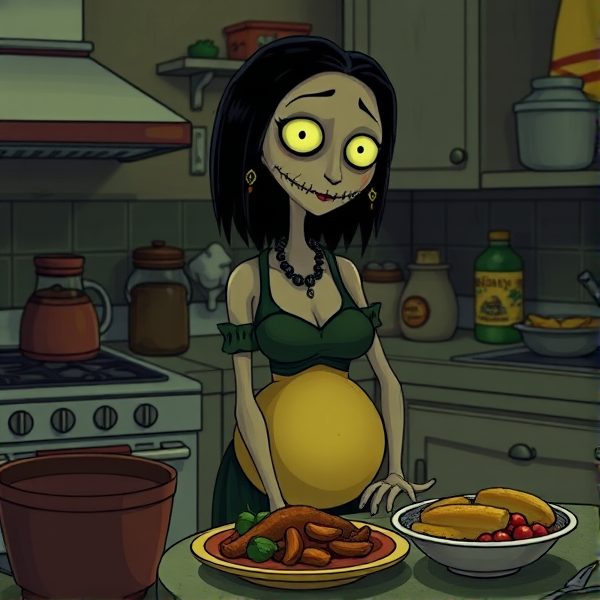 The other mother from Coraline with a sexy belly making dinner in the kitchen
