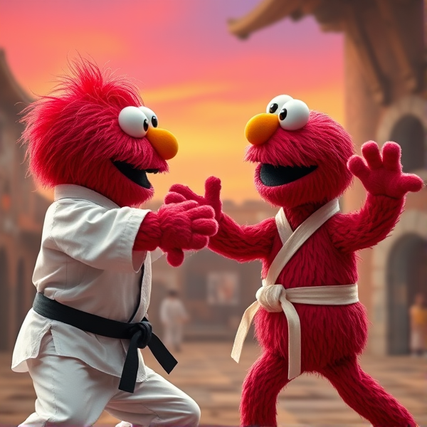 Elmo fighting a human in the all valley karate
