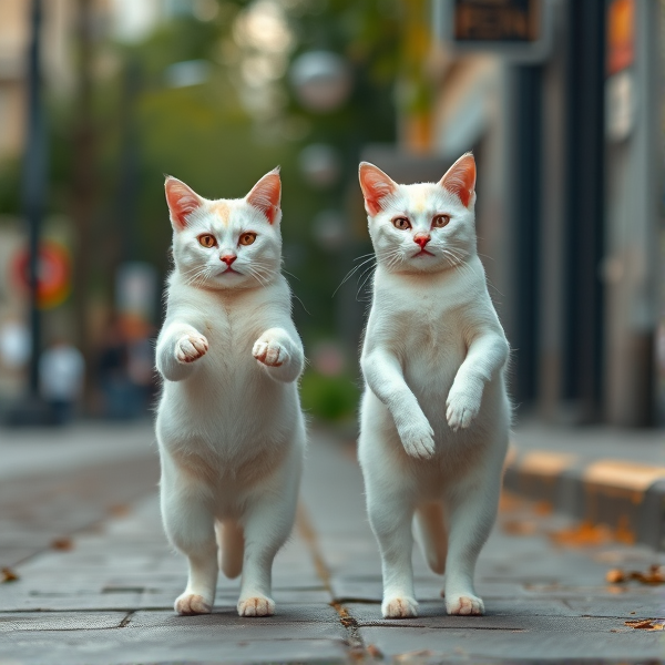 Deux petit chat blanc mignon debout avec c'est pattes arrières qui marche dans la rue comme un humain
