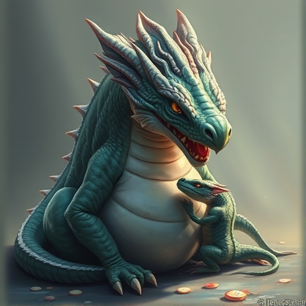 A lazy, fat, blobby mother dragon trying to make its baby dragon fat but the baby is refusing the fatty foods and the baby is weak and skinny