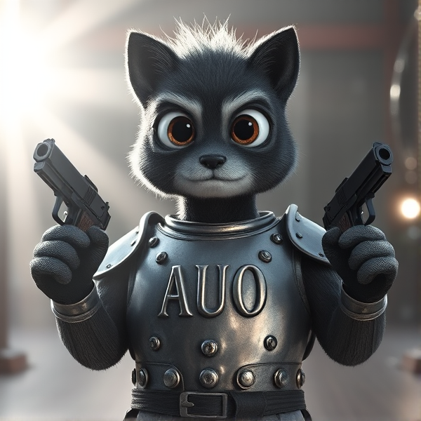 Ned Kelly, grey scale image, holding a pistol in each hand. "AUO" engraved on the metal armour chest piece.