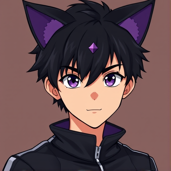 My hero academia oc. Black hair. Purple eyes. Male. Black cat ears with purple insides. Leather hero costume. About 15 years old. Cartoon style. Half body