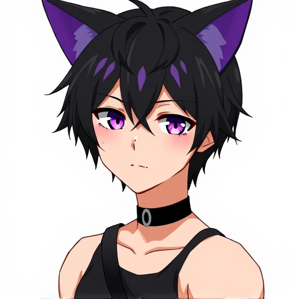 My hero academia oc. Black hair. Purple eyes. Male. Black cat ears with purple insides. Sleeveless tank top. Black collar strap.